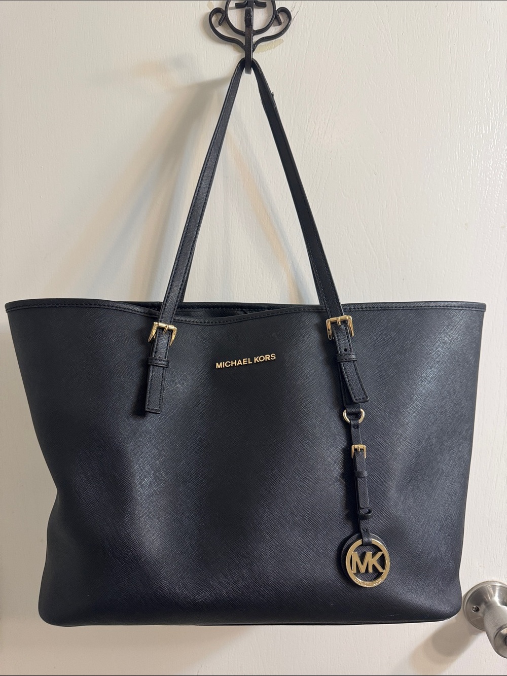 Michael Kors Black Saffiano Leather Logo Tote with Gold Hardware